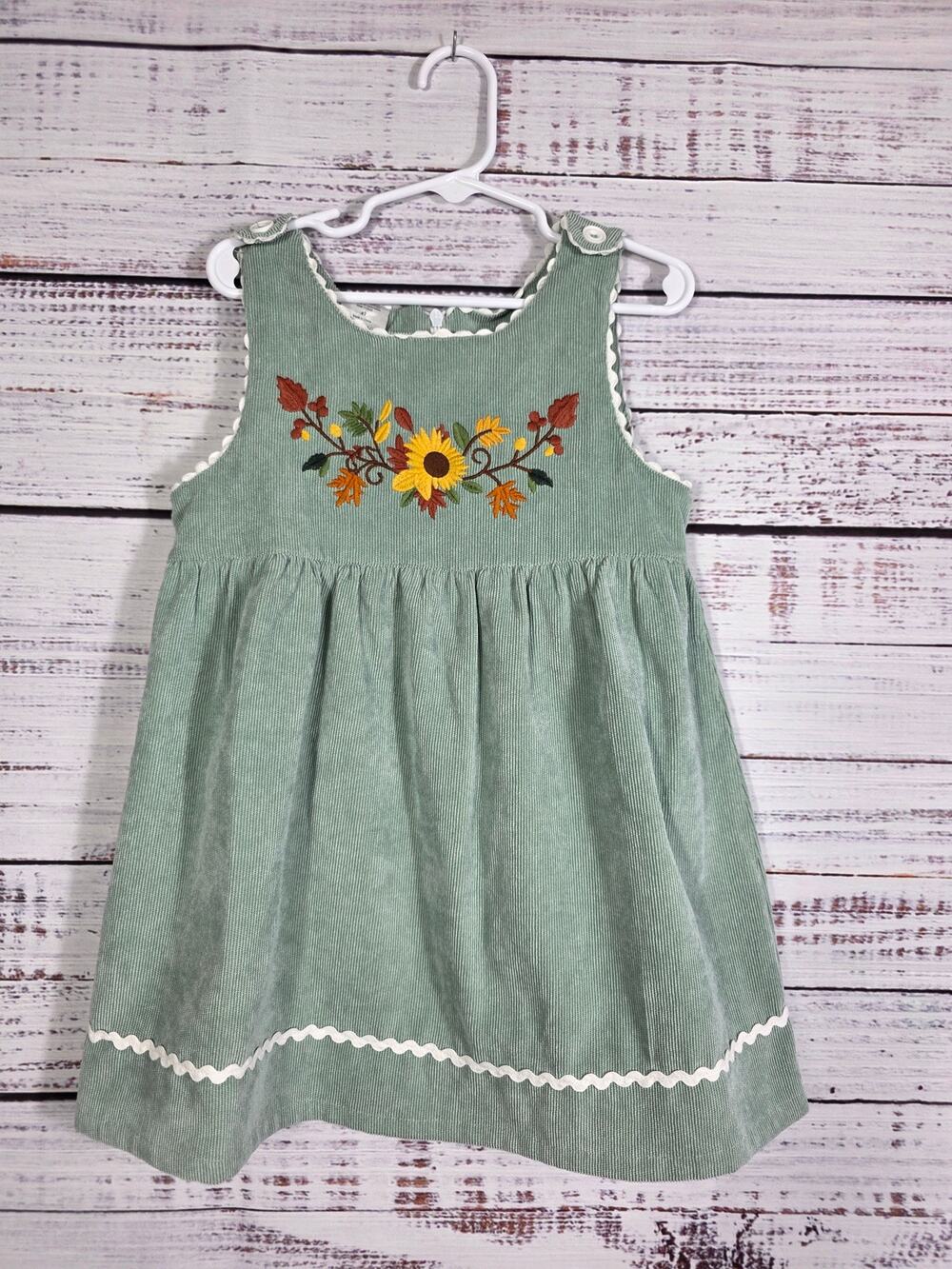 VTG Cracker Barrel Fall Leaves Sunflower Embroidered Corduroy Dress Girls 4T